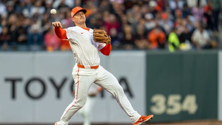 Jul 9, 2024; San Francisco, California, USA;  San Francisco Giants third baseman Matt Chapman (26) throws out Toronto Blue Jays first baseman Vladimir Guerrero Jr. (not pictured) during the sixth inning at Oracle Park. Sports