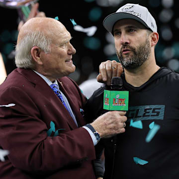 Feb 9, 2025; New Orleans, LA, USA; Fox NFL Sunday co-host Terry Bradshaw interviews Philadelphia Eagles head coach Nick Sirianni after winning against Kansas City Chiefs in Super Bowl LIX at Caesars Superdome. Mandatory Credit: Geoff Burke-Imagn Images
