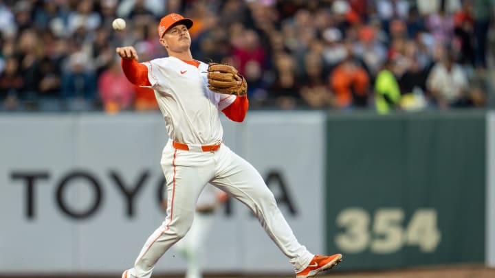 Jul 9, 2024; San Francisco, California, USA;  San Francisco Giants third baseman Matt Chapman (26) throws out Toronto Blue Jays first baseman Vladimir Guerrero Jr. (not pictured) during the sixth inning at Oracle Park.