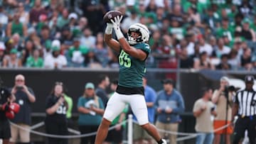 Aug 1, 2024; Philadelphia, PA, USA; Philadelphia Eagles tight end Albert Okwuegbunam Jr. (85) catches the ball during a training camp practice at Lincoln Financial Field. Mandatory Credit: Bill Streicher-Imagn Images
