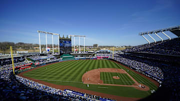 Mar 28, 2024; Kansas City, Missouri, USA; A general view of the field during the third inning between the Minnesota Twins and the Kansas City Royals at Kauffman Stadium. Mandatory Credit: Jay Biggerstaff-Imagn Images