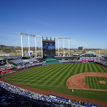 Mar 28, 2024; Kansas City, Missouri, USA; A general view of the field during the third inning between the Minnesota Twins and the Kansas City Royals at Kauffman Stadium. Mandatory Credit: Jay Biggerstaff-Imagn Images