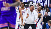 Gonzaga senior guard Michael Ajayi (left), assistant coach R-Jay Barsh (middle) and senior guard Nolan Hickman (right).