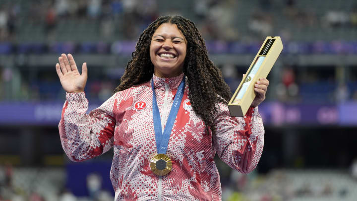 Camryn Rogers celebrates Cal's lone individual Olympic gold medal