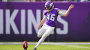 Aug 10, 2024; Minneapolis, Minnesota, USA; Minnesota Vikings kicker Will Reichard (46) kicks off against the Las Vegas Raiders in the third quarter at U.S. Bank Stadium. Mandatory Credit: Brad Rempel-Imagn Images