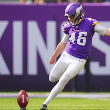 Aug 10, 2024; Minneapolis, Minnesota, USA; Minnesota Vikings kicker Will Reichard (46) kicks off against the Las Vegas Raiders in the third quarter at U.S. Bank Stadium. Mandatory Credit: Brad Rempel-Imagn Images