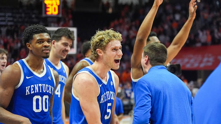 Kentucky guard Collin Chandler (5) yells in celebration after winning a NCAA basketball game between the Tennessee Volunteers and Kentucky Wildcats at Thompson-Boling Arena at Food City Center in Knoxville, Tenn., on Jan. 17, 2026.