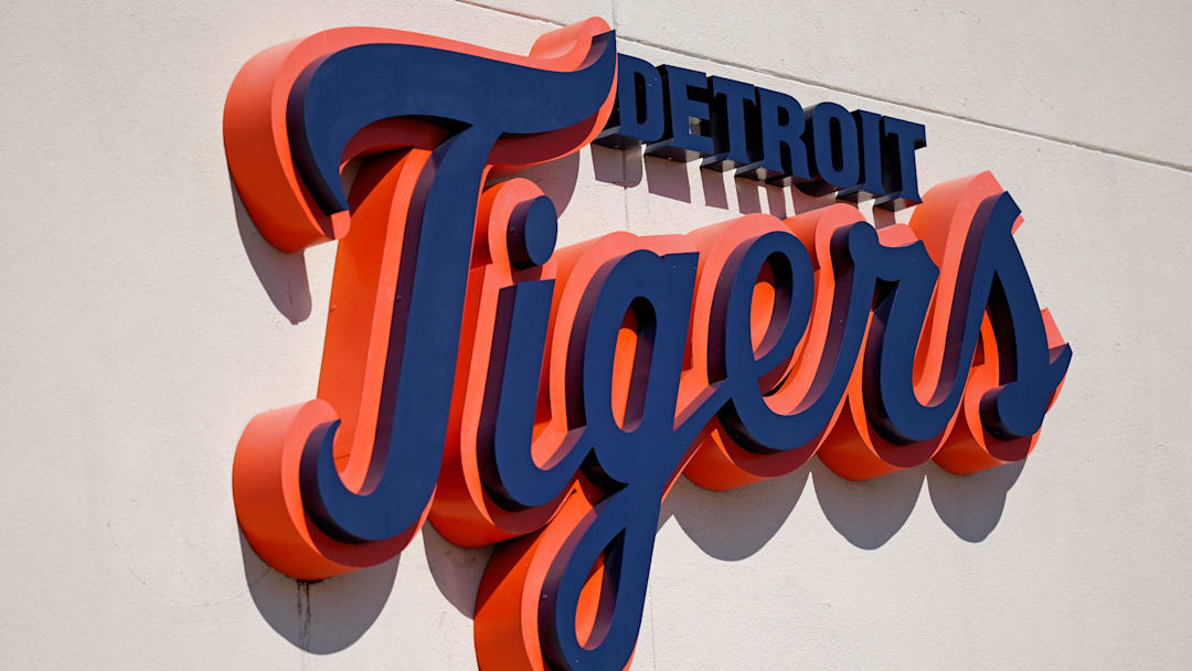 Mar 7, 2021; Lakeland, Florida, USA; A general view of the Detroit Tigers script logo on the building at Publix Field at Joker Marchant Stadium during the spring training game between the Detroit Tigers and the Toronto Blue Jays.