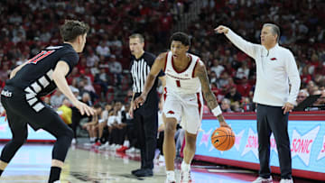 Oct 24, 2025; Fayetteville, AR, USA; Arkansas Razorbacks guard Meleek Thomas (1) during the second half against the Cincinnati Bearcats at Bud Walton Arena. Arkansas won 89-61. Mandatory Credit: Nelson Chenault-Imagn Images