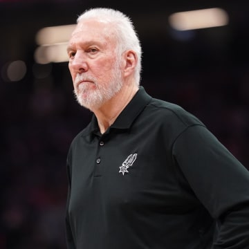 Mar 7, 2024; Sacramento, California, USA; San Antonio Spurs head coach Gregg Popovich stands on the court during a timeout against the Sacramento Kings in the second quarter at the Golden 1 Center. Mandatory Credit: Cary Edmondson-USA TODAY Sports