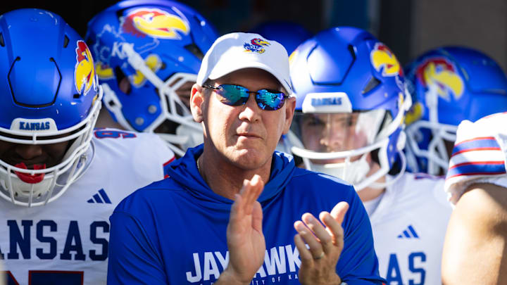 Nov 8, 2025; Tucson, Arizona, USA; Kansas Jayhawks head coach Lance Leipold against the Arizona Wildcats at Arizona Stadium. Mandatory Credit: Mark J. Rebilas-Imagn Images
