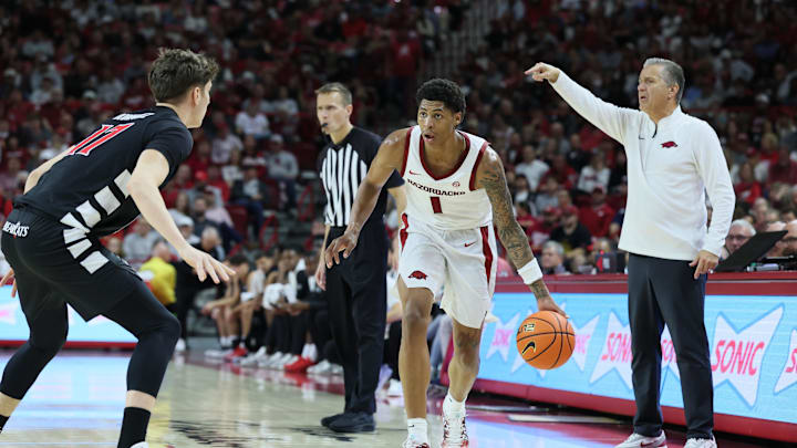 Oct 24, 2025; Fayetteville, AR, USA; Arkansas Razorbacks guard Meleek Thomas (1) during the second half against the Cincinnati Bearcats at Bud Walton Arena. Arkansas won 89-61. Mandatory Credit: Nelson Chenault-Imagn Images