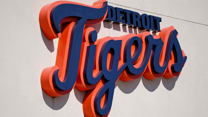 Mar 7, 2021; Lakeland, Florida, USA; A general view of the Detroit Tigers script logo on the building at Publix Field at Joker Marchant Stadium during the spring training game between the Detroit Tigers and the Toronto Blue Jays. 