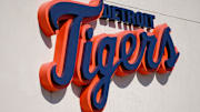Mar 7, 2021; Lakeland, Florida, USA; A general view of the Detroit Tigers script logo on the building at Publix Field at Joker Marchant Stadium during the spring training game between the Detroit Tigers and the Toronto Blue Jays. 