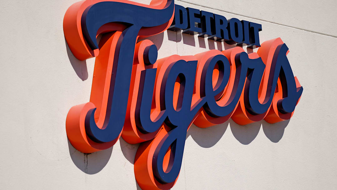 A general view of the Detroit Tigers script logo on the building at Publix Field at Joker Marchant Stadium. A general view of the Detroit Tigers script logo on the building at Publix Field at Joker Marchant Stadium.
