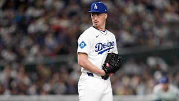 Mar 15, 2025; Bunkyo, Tokyo, Japan; Los Angeles Dodgers pitcher Jack Dreyer (86) during the ninth inning against the Yomiuri Giants at Tokyo Dome. Mandatory Credit: Darren Yamashita-Imagn Images