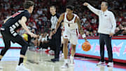 Oct 24, 2025; Fayetteville, AR, USA; Arkansas Razorbacks guard Meleek Thomas (1) during the second half against the Cincinnati Bearcats at Bud Walton Arena. Arkansas won 89-61.