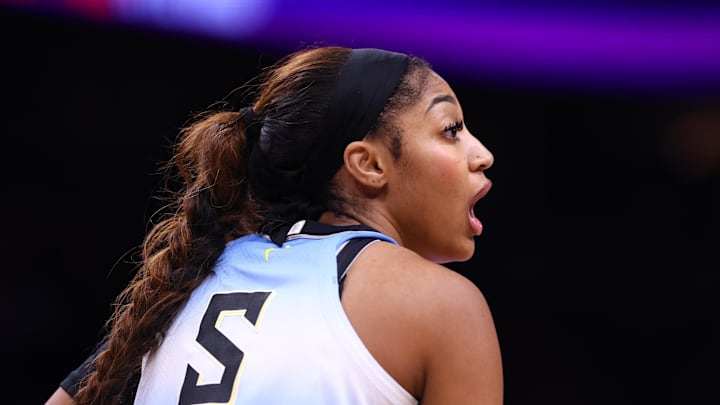Aug 28, 2025; Phoenix, Arizona, USA; Chicago Sky forward Angel Reese (5) against the Phoenix Mercury at Phx Arena. Mandatory Credit: Mark J. Rebilas-Imagn Images