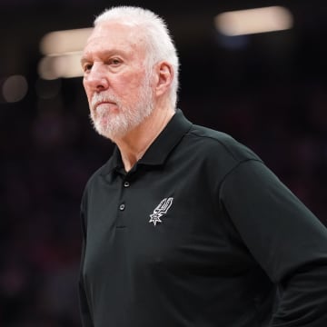 Mar 7, 2024; Sacramento, California, USA; San Antonio Spurs head coach Gregg Popovich stands on the court during a timeout against the Sacramento Kings in the second quarter at the Golden 1 Center. 