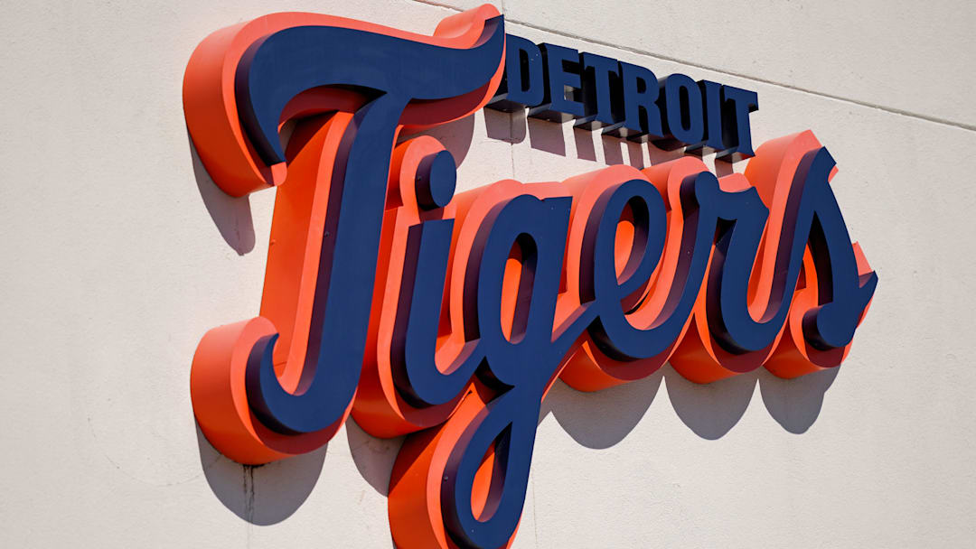 Mar 7, 2021; Lakeland, Florida, USA; A general view of the Detroit Tigers script logo on the building at Publix Field at Joker Marchant Stadium during the spring training game between the Detroit Tigers and the Toronto Blue Jays.