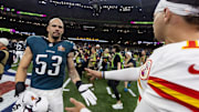 Feb 9, 2025; New Orleans, LA, USA; Philadelphia Eagles  linebacker Zack Baun (53) is congratulated by Kansas City Chiefs quarterback Patrick Mahomes after winning Super Bowl LIX at Ceasars Superdome. Mandatory Credit: Mark J. Rebilas-Imagn Images