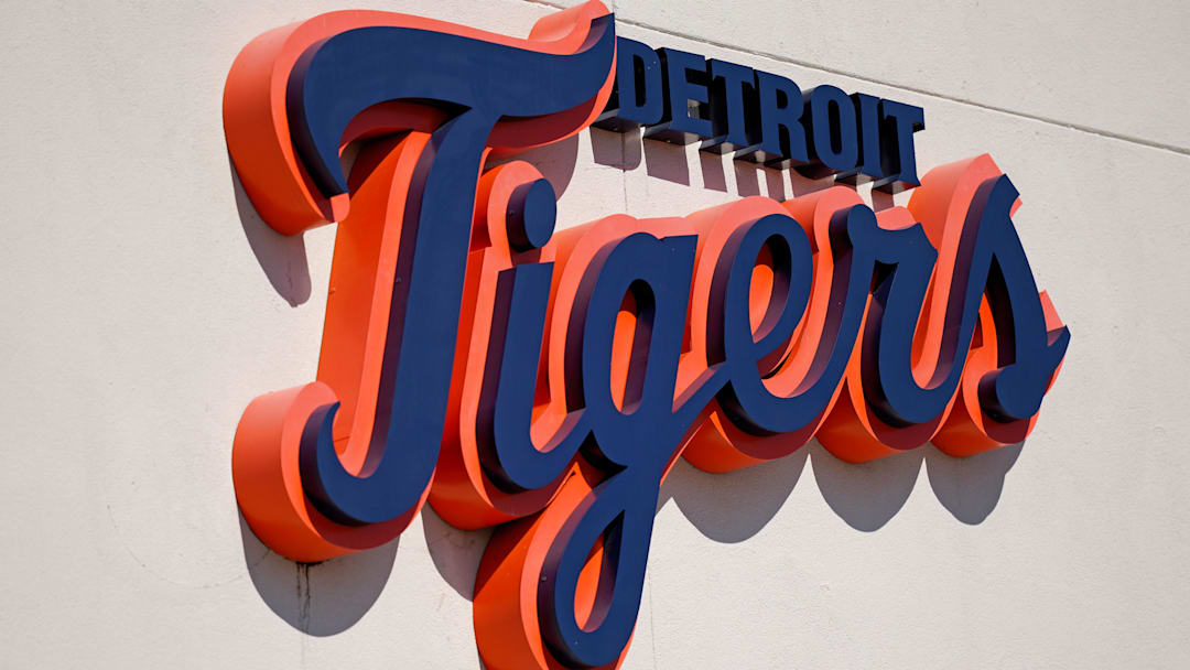 Mar 7, 2021; Lakeland, Florida, USA; A general view of the Detroit Tigers script logo on the building at Publix Field at Joker Marchant Stadium during the spring training game between the Detroit Tigers and the Toronto Blue Jays. Mandatory Credit: Jasen Vinlove-Imagn Images