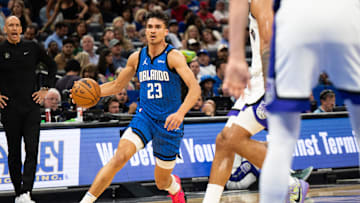 Mar 29, 2025; Orlando, Florida, USA;  Orlando Magic forward Tristan da Silva (23) dribbles the ball against the Sacramento Kings in the fourth quarter at Kia Center. Mandatory Credit: Jeremy Reper-Imagn Images