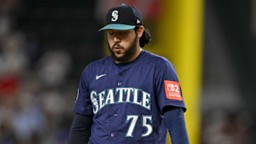 Seattle Mariners relief pitcher Andres Munoz (75) pitches during the game between the Texas Rangers and the Seattle Mariners at Globe Life Field on June 28. 