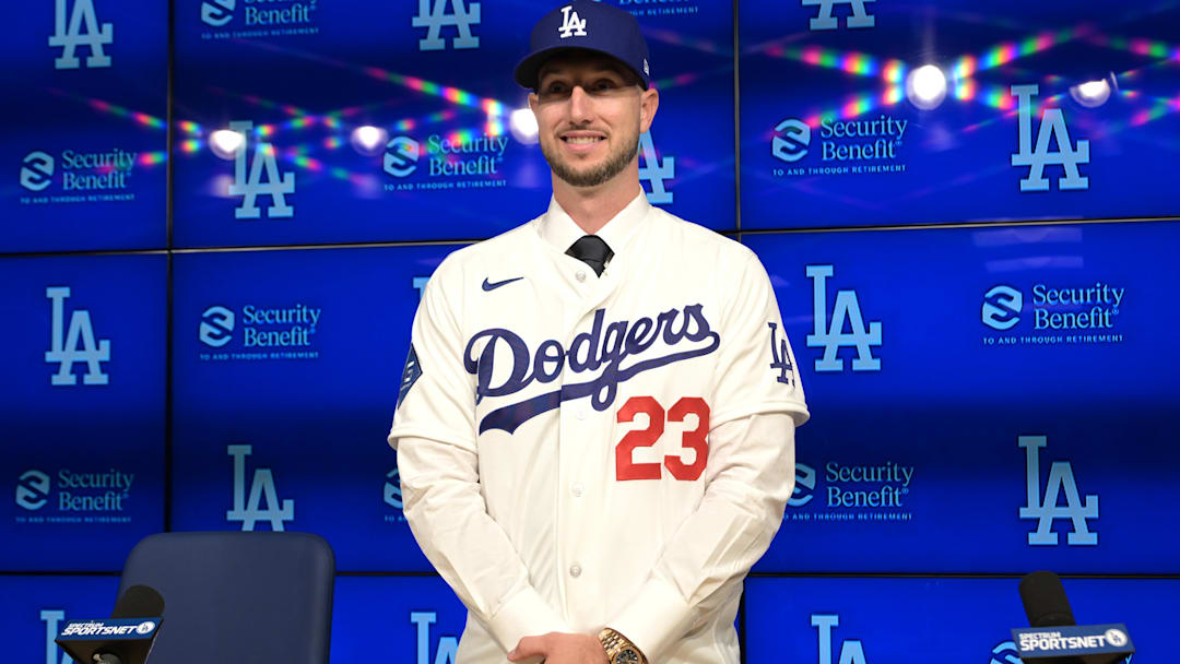 Jan 21, 2026; Los Angeles, CA, USA;  Los Angeles Dodgers right fielder Kyle Tucker (23) is introduced to the media during a press conference at Dodger Stadium. Mandatory Credit: Jayne Kamin-Oncea-Imagn Images