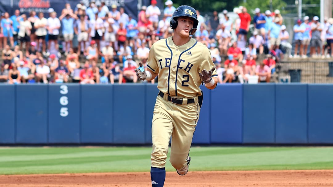 Jun 1, 2025; Oxford, MS, USA; Georgia Tech Yellowjackets shortstop Kyle Lodise (2) reacts as he runs the bases after a home run during the first inning against the Mississippi Rebels. Mandatory Credit: Petre Thomas-Imagn Images