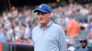 Aug 14, 2025; New York City, New York, USA; New York Mets owner Steve Cohen stands on the field before a ceremony to honor first baseman Pete Alonso (not pictured) for breaking the Mets all time home run record before a game against the Atlanta Braves at Citi Field. Mandatory Credit: Brad Penner-Imagn Images