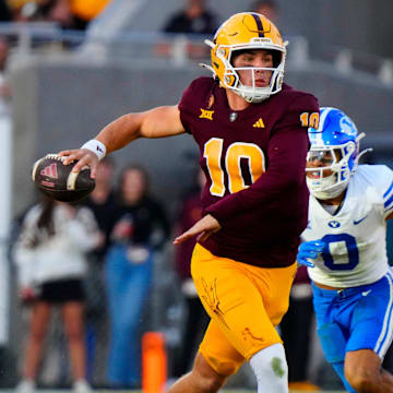 Arizona State quarterback Sam Leavitt (10) throws a pass against BYU during the second half at Mountain America Stadium in Tempe on Nov. 23, 2024.