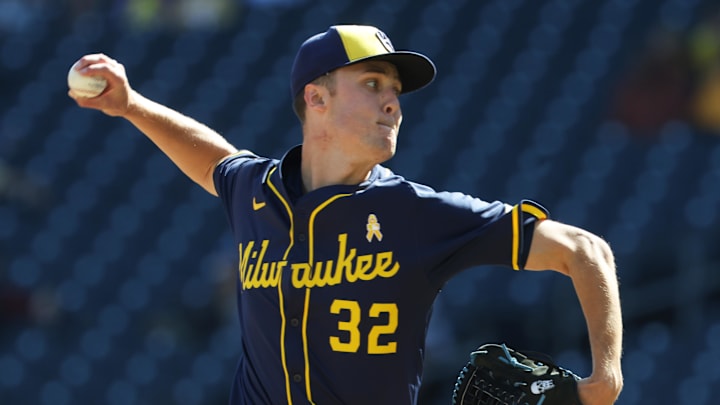 Sep 7, 2025; Pittsburgh, Pennsylvania, USA;  Milwaukee Brewers starting pitcher Jacob Misiorowski (32) pitches against the Pittsburgh Pirates during the seventh inning at PNC Park. Mandatory Credit: Charles LeClaire-Imagn Images