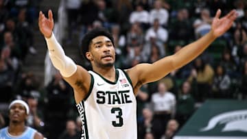 Dec 30, 2023; East Lansing, Michigan, USA; Michigan State Spartans guard Jaden Akins (3) encourages
