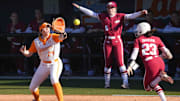 Tennessee infielder McKenna Gibson (24) catches the ball to get Arkansas Reagan Johnson (23) out during a NCAA softball game between Tennessee and Arkansas at Sherri Parker Lee Stadium on Saturday, March 22, 2025.