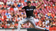 Jul 14, 2024; Cincinnati, Ohio, USA; Miami Marlins starting pitcher Trevor Rogers (28) pitches against the Cincinnati Reds in the second inning at Great American Ball Park. Mandatory Credit: Katie Stratman-USA TODAY Sports