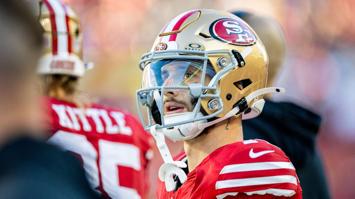 Dec 8, 2024; Santa Clara, California, USA; San Francisco 49ers wide receiver Ricky Pearsall (14) on the sidelines during the fourth quarter against the Chicago Bears at Levi's Stadium. Mandatory Credit: Bob Kupbens-Imagn Images Dec 8, 2024; Santa Clara, California, USA; San Francisco 49ers wide receiver Ricky Pearsall (14) on the sidelines during the fourth quarter against the Chicago Bears at Levi's Stadium. Mandatory Credit: Bob Kupbens-Imagn Images