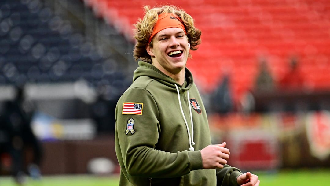 Nov 30, 2025; Cleveland, Ohio, USA;  Cleveland Browns linebacker Carson Schwesinger (49) warms up before the game against the San Francisco 49ers at Huntington Bank Field. Mandatory Credit: Ken Blaze-Imagn Images