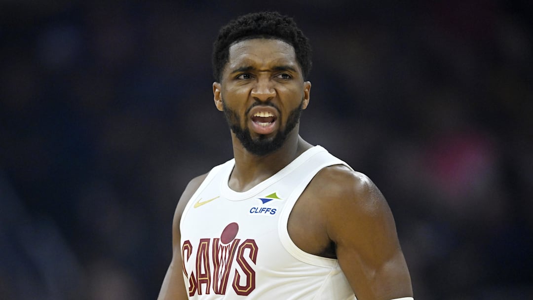 Nov 13, 2025; Cleveland, Ohio, USA; Cleveland Cavaliers guard Donovan Mitchell (45) reacts in the first quarter against the Toronto Raptors at Rocket Arena. Mandatory Credit: David Richard-Imagn Images