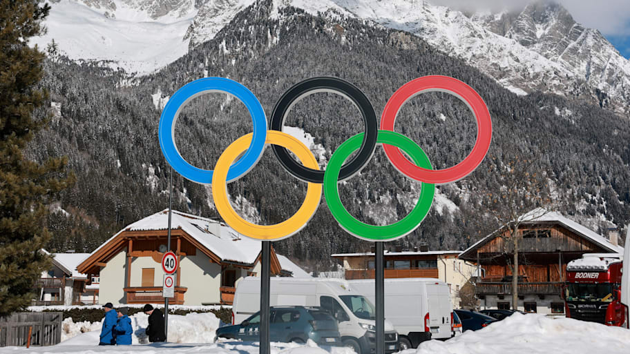 A general view of the Olympic rings near Anterselva di Sopra (Antholz Obertal), which will host the biathlon competition