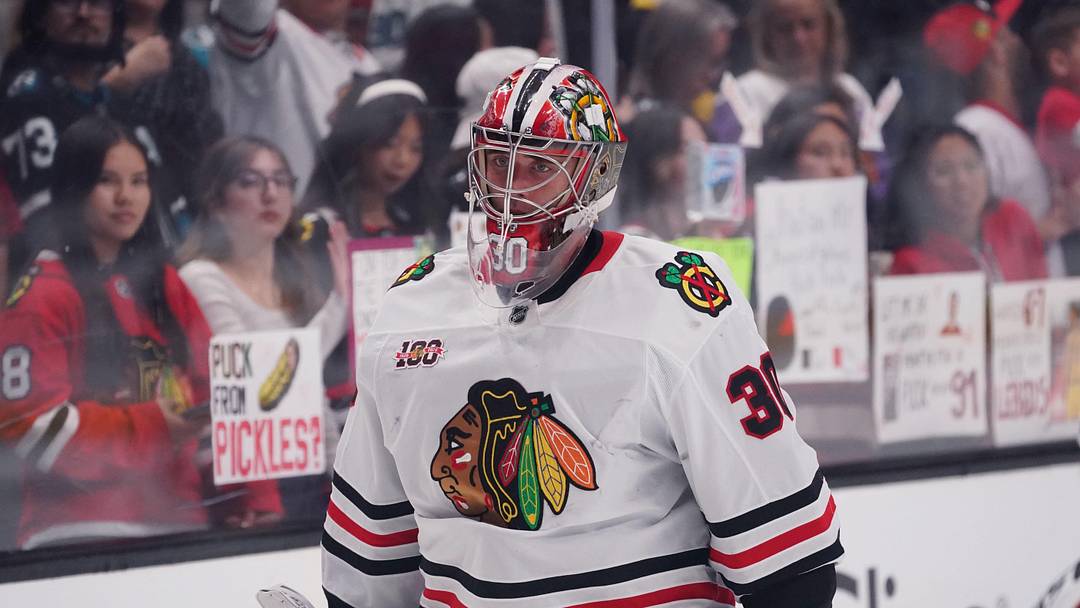 Apr 6, 2026; San Jose, California, USA;  Chicago Blackhawks goalie Spencer Knight (30) warms up before the game against the San Jose Sharks at SAP Center at San Jose. Mandatory Credit: David Gonzales-Imagn Images