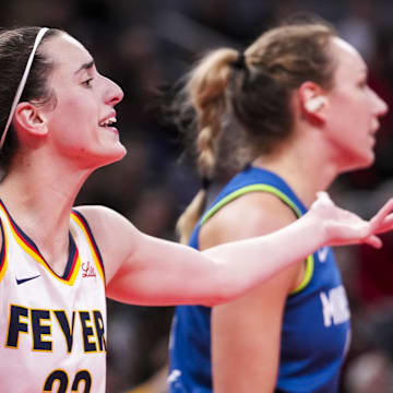 Sept. 6, 2024; Indianapolis, Indiana, USA; Indiana Fever guard Caitlin Clark (22) reacts to a call Friday, Sept. 6, 2024, during a game between the Indiana Fever and the Minnesota Lynx at Gainbride Fieldhouse in Indianapolis. Mandatory Credit: Grace Smith/Imagn Images via Indianapolis Star