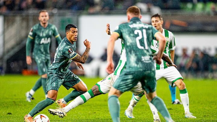 James Maddison, Pedro Porro, and Dejan Kulusevski in action during the win at Ferencvaros 