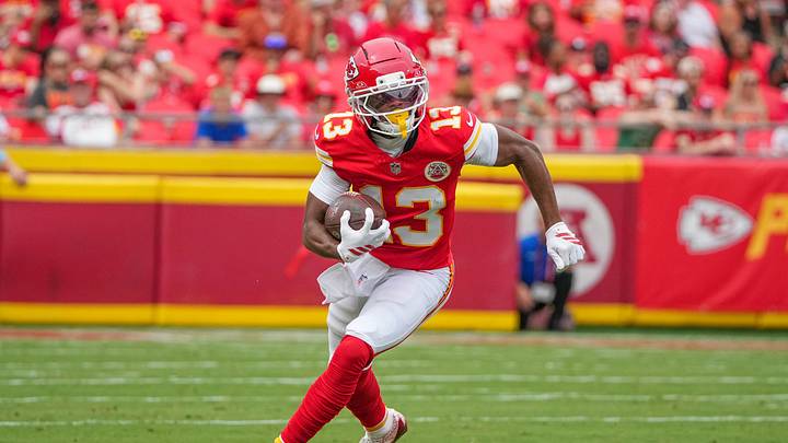 Aug 15, 2026; Kansas City, Missouri, USA; Kansas City Chiefs wide receiver Cyrus Allen (13) runs the ball against the Los Angeles Rams during the first half of the pre season at Arrowhead Stadium. Mandatory Credit: Denny Medley-Imagn Images