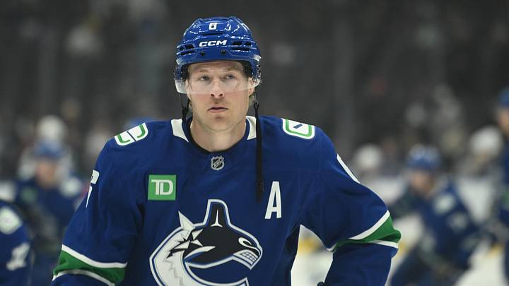 Feb 25, 2026; Vancouver, British Columbia, CAN;  Vancouver Canucks right wing Brock Boeser (6) warms up prior to the game against the Winnipeg Jets at Rogers Arena. Mandatory Credit: Simon Fearn-Imagn Images