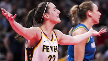 Sept. 6, 2024; Indianapolis, Indiana, USA; Indiana Fever guard Caitlin Clark (22) reacts to a call Friday, Sept. 6, 2024, during a game between the Indiana Fever and the Minnesota Lynx at Gainbride Fieldhouse in Indianapolis.