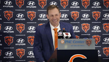 Jan 22, 2025; Lake Forest, IL, USA; Chicago Bears head coach Ben Johnson answers questions during a introductory press conference at PNC Center. Mandatory Credit: David Banks-Imagn Images