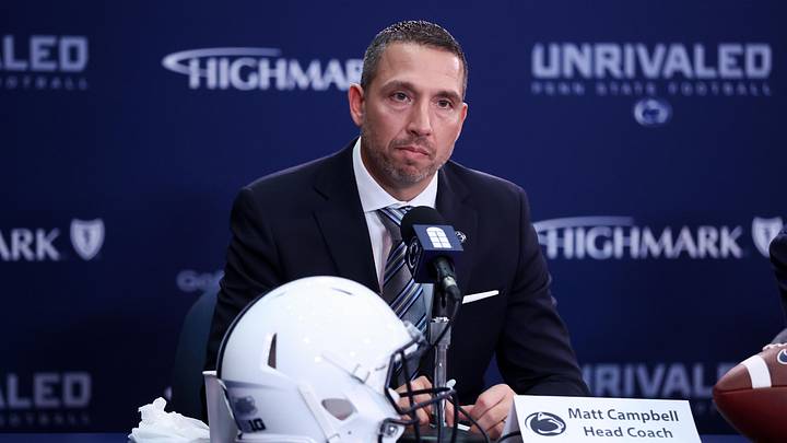 Dec 8, 2025; University Park, PA, USA; Matt Campbell answers questions from the media after being announced as the Penn State Nittany Lions new head coach during a press conference at the Beaver Stadium Press Room. Mandatory Credit: Matthew O'Haren-Imagn Images