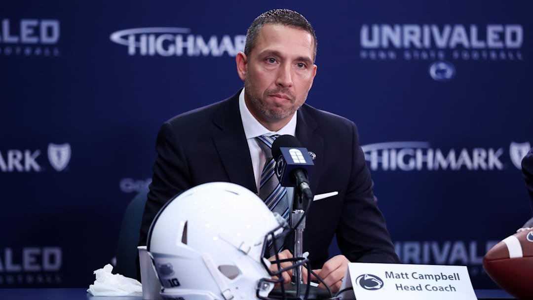 Dec 8, 2025; University Park, PA, USA; Matt Campbell answers questions from the media after being announced as the Penn State Nittany Lions new head coach during a press conference at the Beaver Stadium Press Room. 