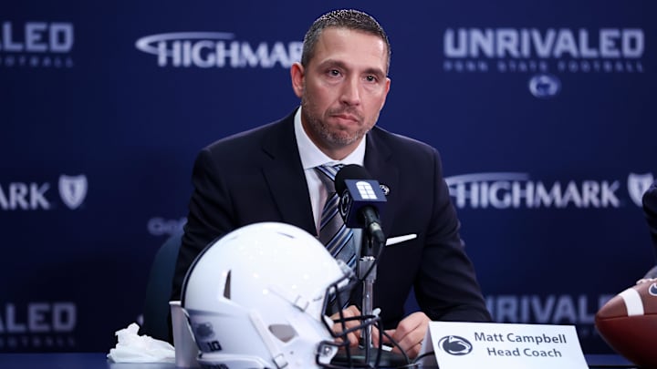 Dec 8, 2025; University Park, PA, USA; Matt Campbell answers questions from the media after being announced as the Penn State Nittany Lions new head coach during a press conference at the Beaver Stadium Press Room. Mandatory Credit: Matthew O'Haren-Imagn Images